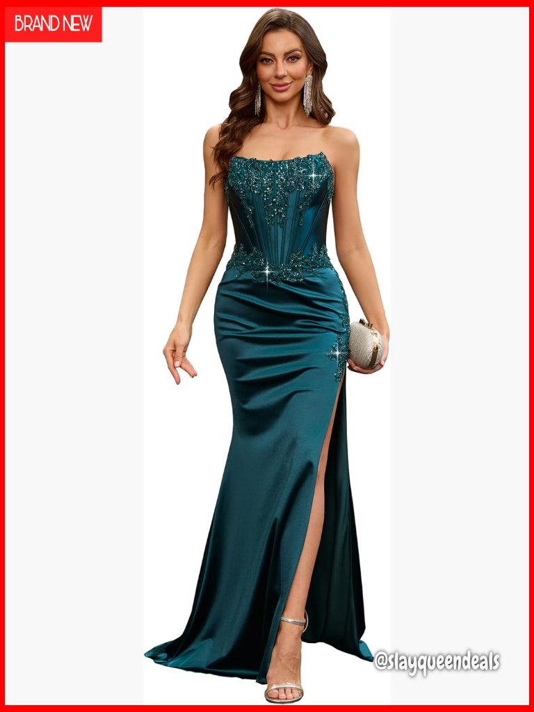 Strapless Mermaid Prom Dress With Side Slit Lace Appliques